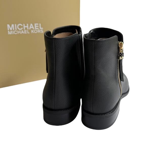 NEW Michael Kors BRITT ANKLE BOOT Womens 9.5 Black Bootie Gold Zip Flat Shoe Box - Picture 7 of 14